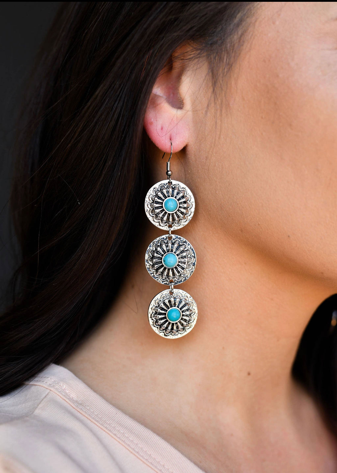 Silver and Turquoise 3-tier concho earring