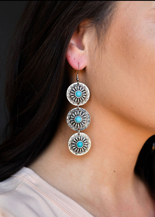 Silver and Turquoise 3-tier concho earring